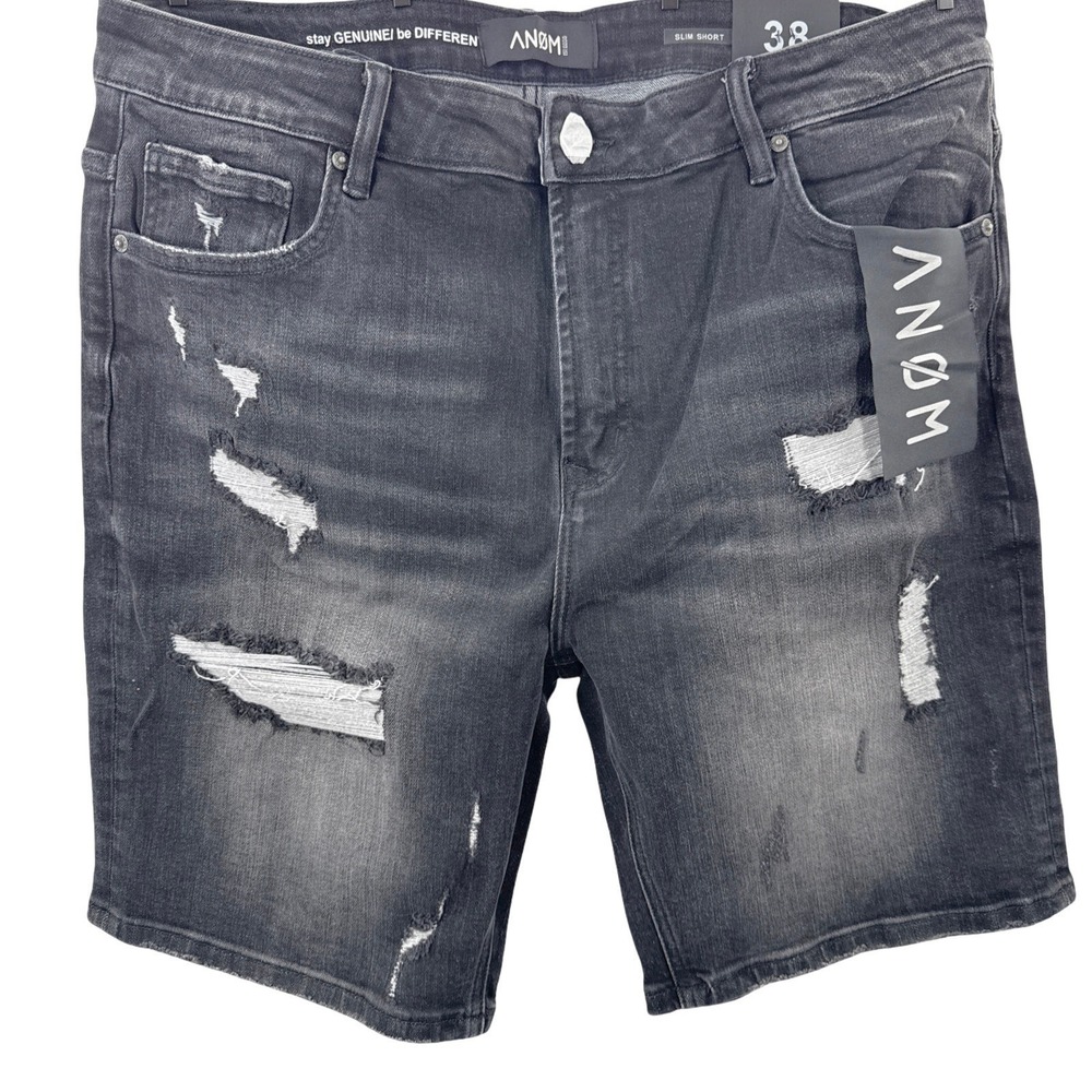 ANOM Horizon Black Wash Distressed Denim Shorts Size 38 NWT